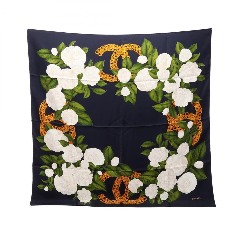 Chanel Coco Mark Camellia Scarf/Muffler, Silk, Women's, Navy/Multicolor